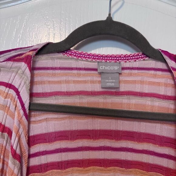 Chico’s Women’s Pink Multi Wave Stripe Tassel Sweater Cardigan NWT Size Medium - Picture 8 of 10